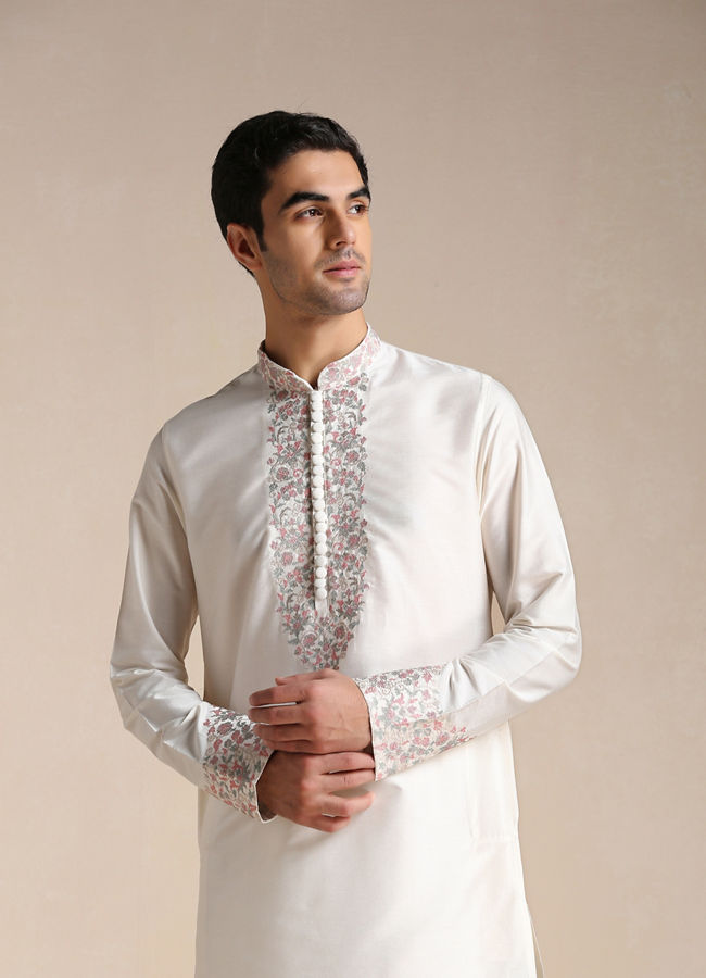 alt message - Manyavar Men Creamy White Embroidery Detailed Kurta Set image number 0